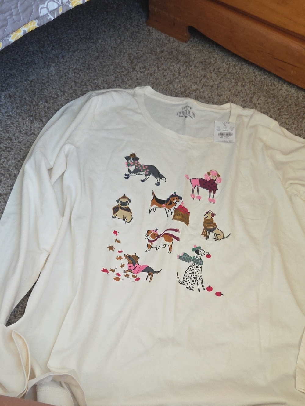 J. Crew Cream Long-Sleeve Dog Tee with Colorful Dog Motifs